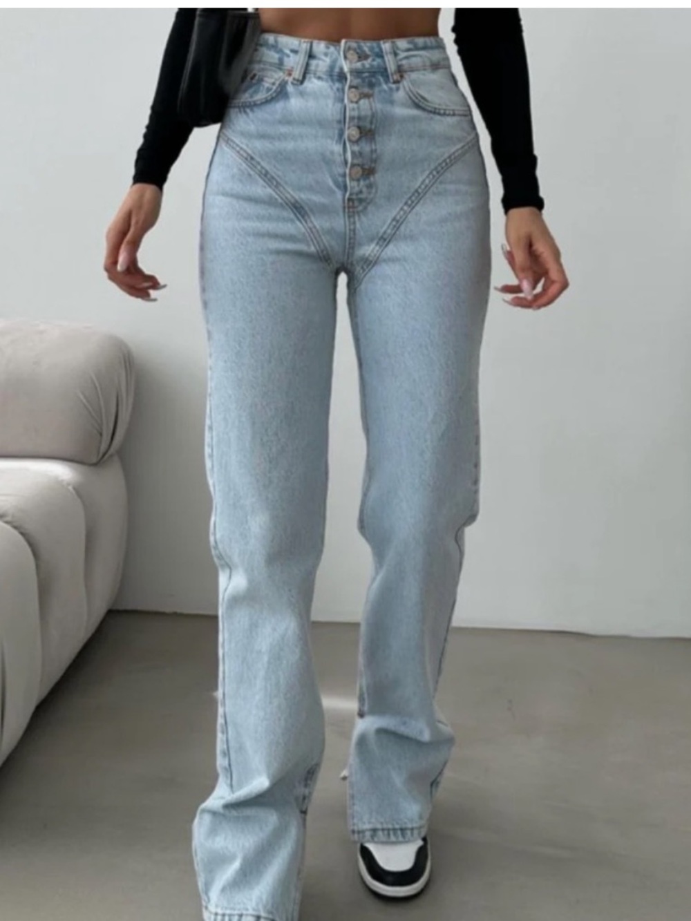 High-Rise Light Wash Button-Fly Jeans